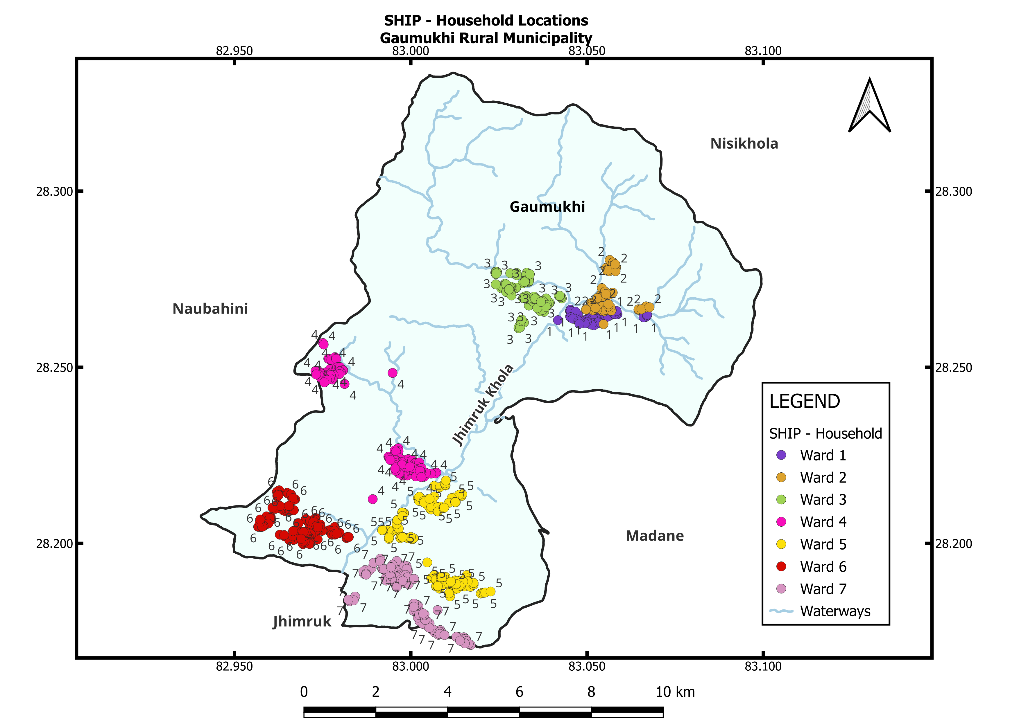Map of SHIP household locations by ward, Gaumukhi Rural Municipality